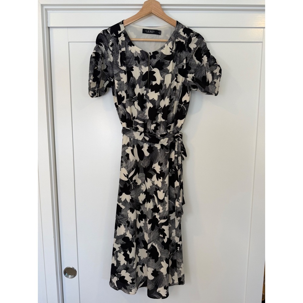 Lauren Ralph Lauren Black White Floral Midi Dress Puff Sleeve Belted 4